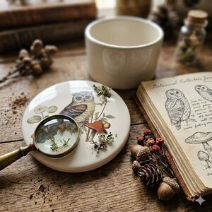 Whimsical Owl & Woodland Mushroom Ceramic Trinket Box